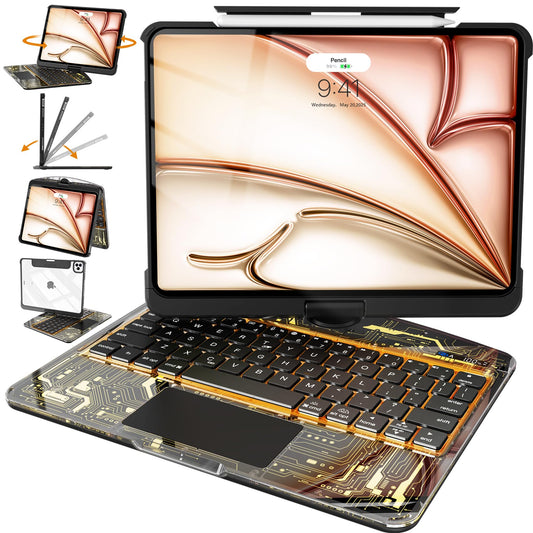 Transparent Keyboard Case with Trackpad for iPad, 7-ColorBacklit Wireless Bluetooth Keyboard with 360 Rotating Stand & Pencil Holder