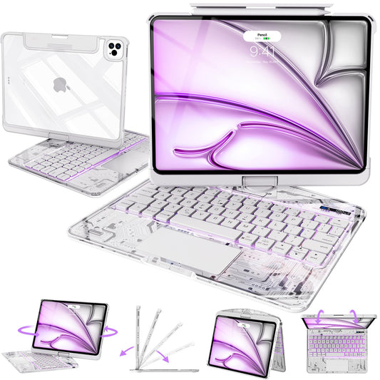 Transparent Keyboard Case with Trackpad for iPad, 7-ColorBacklit Wireless Bluetooth Keyboard with 360 Rotating Stand & Pencil Holder