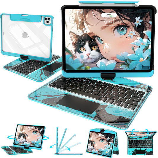 Transparent Keyboard Case with Trackpad for iPad, 7-ColorBacklit Wireless Bluetooth Keyboard with 360 Rotating Stand & Pencil Holder